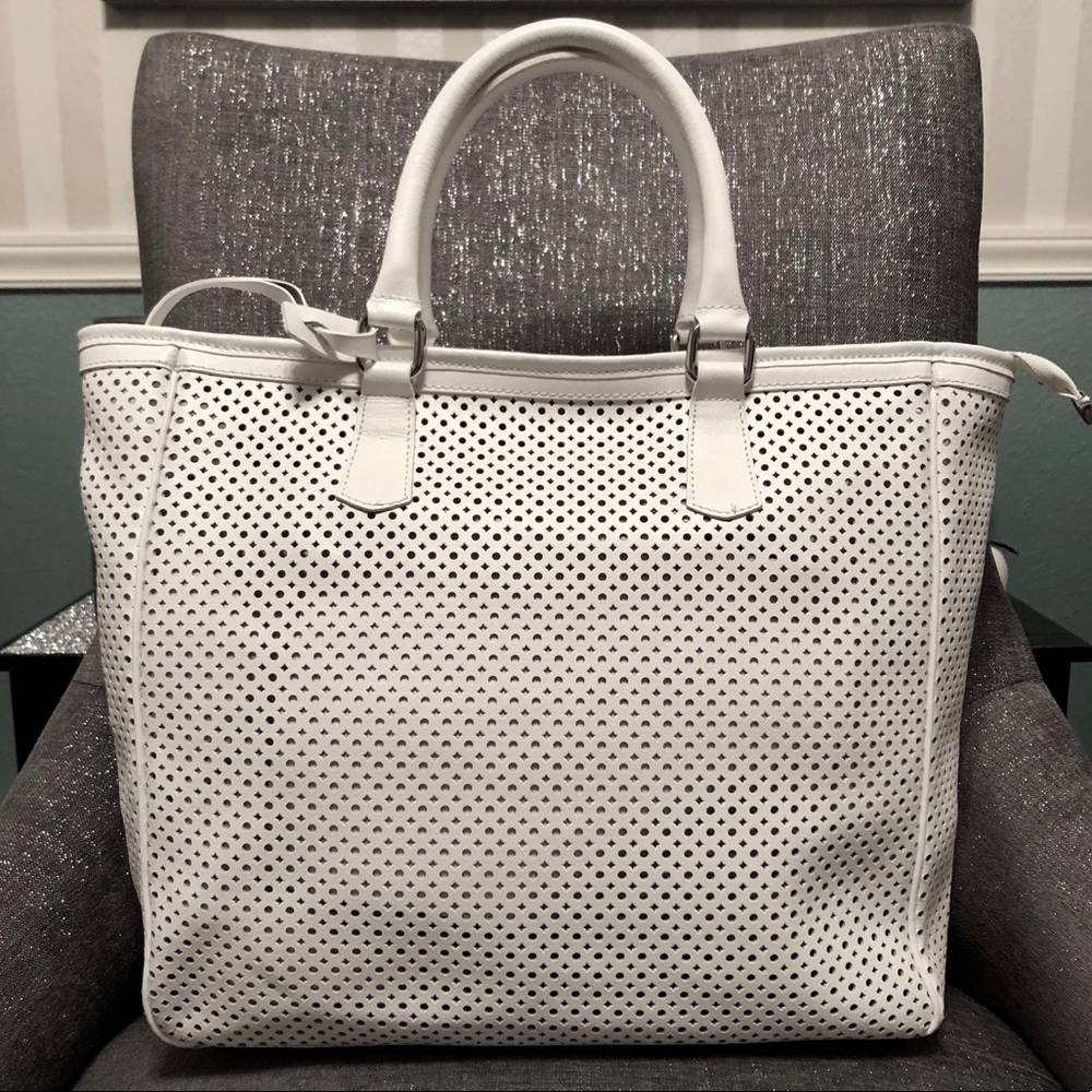 White Perforated Leather Beach Travel Resort Tote